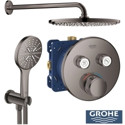 Grohe - Grohe Grohtherm 2 Yollu SmartControl Ankastre Termostatik Banyo Bataryası, Yuvarlak Tepe ve El Duşu Seti, Sert Grafit