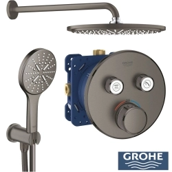 Grohe - Grohe Grohtherm 2 Yollu SmartControl Ankastre Termostatik Banyo Bataryası, Yuvarlak Tepe ve El Duşu Seti, Fırçalı Sert Grafit