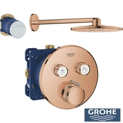 Grohe - Grohe Grohtherm 2 Yollu SmartControl Ankastre Termostatik Banyo Bataryası ve Yuvarlak Tepe Duşu Seti, Bakır
