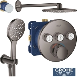 Grohe - Grohe Grohtherm 3 Yollu SmartControl Ankastre Termostatik Banyo Bataryası, Yuvarlak Tepe ve El Duşu Seti, Sert Grafit