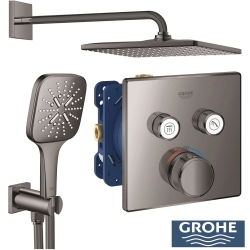 Grohe - Grohe Grohtherm 2 Yollu SmartControl Ankastre Termostatik Banyo Bataryası, Kare Tepe ve El Duşu Seti, Sert Grafit