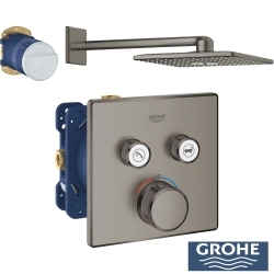 Grohe - Grohe Grohtherm 2 Yollu SmartControl Ankastre Termostatik Banyo Bataryası ve Kare Tepe Duşu Seti, Fırçalı Sert Grafit