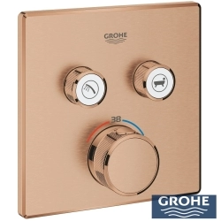 Grohe - Grohe Grohtherm 2 Yollu SmartControl Ankastre Termostatik Banyo Bataryası ve Kare Tepe Duşu Seti, Fırçalı Bakır