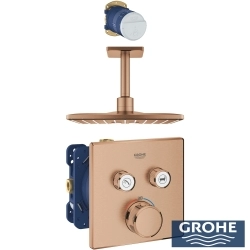Grohe - Grohe Grohtherm 2 Yollu SmartControl Ankastre Termostatik Banyo Bataryası ve Kare Tepe Duşu Seti, Fırçalı Bakır