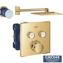 Grohe - Grohe Grohtherm 2 Yollu SmartControl Ankastre Termostatik Banyo Bataryası ve Kare Tepe Duşu Seti, Altın