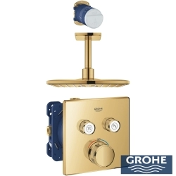 Grohe - Grohe Grohtherm 2 Yollu SmartControl Ankastre Termostatik Banyo Bataryası ve Kare Tepe Duşu Seti, Altın