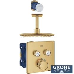 Grohe - Grohe Grohtherm 2 Yollu SmartControl Ankastre Termostatik Banyo Bataryası ve Kare Tepe Duşu Seti, Fırçalı Altın