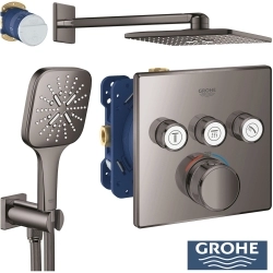 Grohe - Grohe Grohtherm 3 Yollu SmartControl Ankastre Termostatik Banyo Bataryası, Kare Tepe ve El Duşu Seti, Sert Grafit