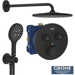 Grohe - Grohe Grohtherm 2 Yollu SmartControl Ankastre Termostatik Banyo Bataryası, Yuvarlak Tepe ve El Duşu Seti, Mat Siyah