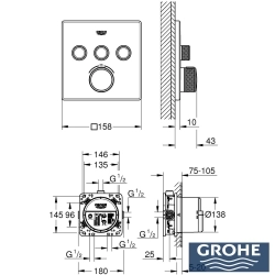 Grohe - Grohe Grohtherm 3 Yollu SmartControl Ankastre Termostatik Banyo Bataryası, Kare Tepe ve El Duşu, Çıkış Ucu Seti, Mat Siyah