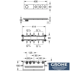 Grohe - Grohe Grohtherm 3 Çıkışlı Aqua Tiles SmartControl Termostatik Ankastre Banyo Bataryası, Yuvarlak Tepe ve El Duşu Seti, Fırçalı Sert Grafit