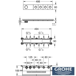 Grohe - Grohe Grohtherm 4 Çıkışlı Aqua Tiles SmartControl Termostatik Ankastre Banyo Bataryası, Dikdörtgen Tepe ve El Duşu, Yan Jet Seti, Fırçalı Sert Grafit