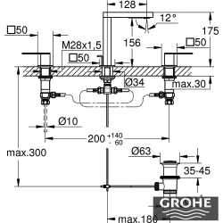 Grohe - Grohe Plus 3 Delikli Ankastre Lavabo Bataryası, Sifon Kumandalı, Fırçalı Sert Grafit