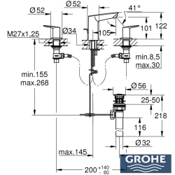 Grohe - Grohe BauEdge 3 Delikli Ankastre Lavabo Bataryası, Sifon Kumandalı