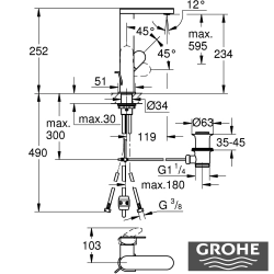 Grohe - Grohe Plus Yüksek Lavabo Bataryası, Sifon Kumandalı, Fırçalı Altın