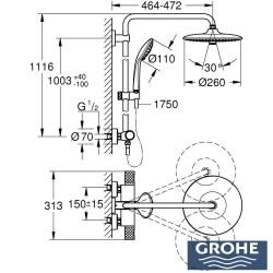 Grohe - Grohe Vitalio Joy System 260 Kolonlu Duş Paneli, Termostatik Duş Bataryası ile Birlikte, Mat Siyah