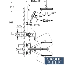 Grohe - Grohe Tempesta System 250 Cube Kare Tepe Duşlu Duvara Monte Duş Bataryalı Duş Kolonu, Mat Siyah