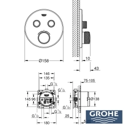 Grohe - Grohe Grohtherm 2 Yollu SmartControl Ankastre Termostatik Banyo Bataryası, Yuvarlak Tepe ve El Duşu Seti, Fırçalı Sert Grafit