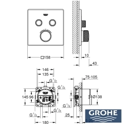 Grohe - Grohe Grohtherm 2 Yollu SmartControl Ankastre Termostatik Banyo Bataryası, Kare Tepe ve El Duşu Seti, Sert Grafit