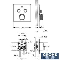 Grohe - Grohe Grohtherm 2 Yollu SmartControl Ankastre Termostatik Banyo Bataryası ve Kare Tepe Duşu Seti, Altın