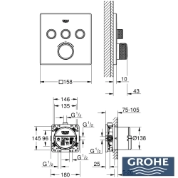 Grohe - Grohe Grohtherm 3 Yollu SmartControl Ankastre Termostatik Banyo Bataryası, Kare Tepe ve El Duşu Seti, Sert Grafit