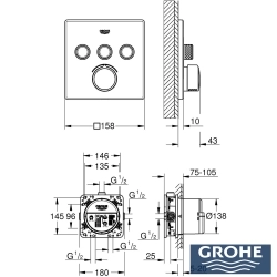 Grohe - Grohe Grohtherm 3 Yollu SmartControl Ankastre Termostatik Banyo Bataryası, Kare Tepe ve El Duşu, Çıkış Ucu Seti