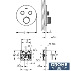 Grohe - Grohe Grohtherm 2 Yollu SmartControl Ankastre Termostatik Banyo Bataryası, Yuvarlak Tepe ve El Duşu Seti, Mat Siyah