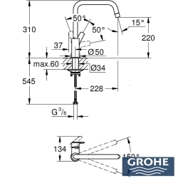 Grohe - Grohe Eurosmart Kuğu Borulu Eviye Bataryası, Fırçalı Altın