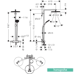Hansgrohe - Hansgrohe Raindance Alive S Pro 300 1 Jet Termostatik Duş Bataryalı Duş Kolonu, EcoSmart Özellikli, Parlak Altın (Yuvarlak Tepe Duşlu)