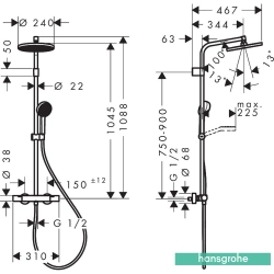 Hansgrohe - Hansgrohe Activera S 240 1 Jet Termostatik Duş Bataryalı Duş Kolonu, EcoSmart Özellikli, Satin Siyah (Yuvarlak Tepe Duşlu)