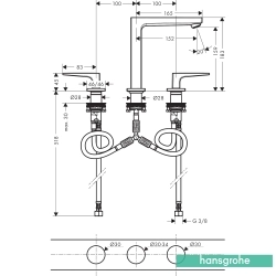 Hansgrohe - Hansgrohe Metropol 3 Delikli Lavabo Bataryası, Sifon Kumandalı (Yüksek), Satin Siyah
