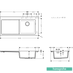 Hansgrohe - Hansgrohe S51 S514-F450 Tek Gözlü Granit Eviye, Grafit Siyah (Sol Damlalıklı)