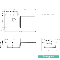Hansgrohe - Hansgrohe S51 S514-F450 Tek Gözlü Granit Eviye, Taş Gri (Sağ Damlalıklı)