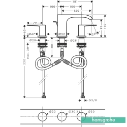 Hansgrohe - Hansgrohe Vivenis 3 Delikli Lavabo Bataryası, Sifon Kumandalı, Satin Siyah