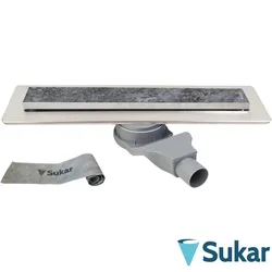 Sukar - Sukar Line1 Mermer Uyumlu Lineer Duş Kanalı, İkiz Giderli, 50 cm, Mat Paslanmaz Çelik Yalıtım Etekli