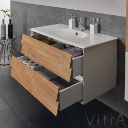 Vitra - Vitra Frame Çift Çekmeceli Lavabo Dolabı, 80 cm, Mat Beyaz-Dore Meşe (5707 Beyaz Lavabo Dahil)