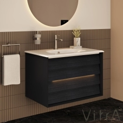 Vitra - Vitra Frame Çift Çekmeceli Lavabo Dolabı, 80 cm, Mat Siyah-Hareli Meşe (5707 Beyaz Lavabo Dahil)