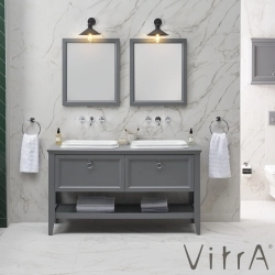 Vitra - Vitra Valarte Kapaklı Etajerli Lavabo Dolabı, 65 cm, Mat Gri (Lavabo Dahil-Krom Kulplu Sol)