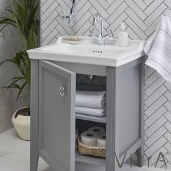 Vitra - Vitra Valarte Kapaklı Etajerli Lavabo Dolabı, 65 cm, Mat Gri (Lavabo Dahil-Krom Kulplu Sol)