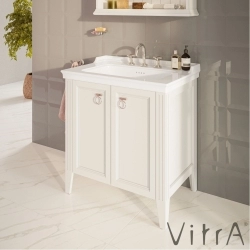 Vitra - Vitra Valarte Kapaklı Etajerli Lavabo Dolabı, 80 cm, Mat Beyaz (Lavabo Dahil-Krom Kulplu)