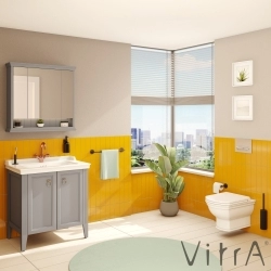 Vitra - Vitra Valarte Kapaklı Etajerli Lavabo Dolabı, 80 cm, Mat Gri (Lavabo Dahil-Krom Kulplu)