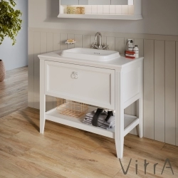 Vitra - Vitra Valarte Tek Çekmeceli Tezgah Üstü Lavabo Dolabı, 100 cm, Mat Beyaz (Lavabo Dahil-Krom Kulplu)