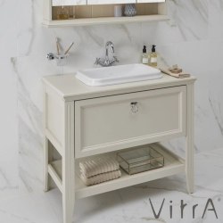 Vitra - Vitra Valarte Tek Çekmeceli Tezgah Üstü Lavabo Dolabı, 100 cm, Mat Beyaz (Lavabo Dahil-Krom Kulplu)