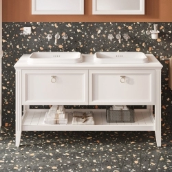 Vitra - Vitra Valarte Çift Çekmeceli Tezgah Üstü Lavabo Dolabı, 150 cm, Mat Beyaz (Çift Lavabo Dahil-Krom Kulplu)