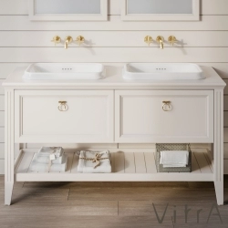 Vitra - Vitra Valarte Çift Çekmeceli Tezgah Üstü Lavabo Dolabı, 150 cm, Mat Fildişi (Çift Lavabo Dahil-Krom Kulplu)