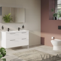 Vitra - Vitra Root Flat Dört Çekmeceli Lavabo Dolabı, 120 cm, Parlak Beyaz (Köşeli Çift Lavabo Dahil)