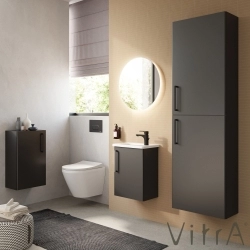 Vitra - Vitra Root Flat Kapaklı Kompakt Lavabo Dolabı, 45 cm, Parlak Antrasit (Yuvarlak Lavabo Dahil-Sağ)