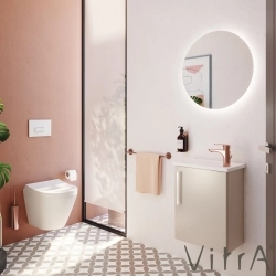 Vitra - Vitra Root Flat Kapaklı Kompakt Lavabo Dolabı, 45 cm, Parlak Sahra Beji (Köşeli Lavabo Dahil-Sağ)