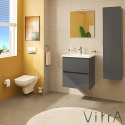 Vitra - Vitra Mia Plus Square Demonte Set, 60 cm, Çift Çekmeceli, (Lavabo Dolabı, Aydınlatmalı Ayna), Parlak Antrasit