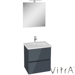 Vitra - Vitra Mia Plus Square Demonte Set, 60 cm, Çift Çekmeceli, (Lavabo Dolabı, Aydınlatmalı Ayna), Parlak Antrasit